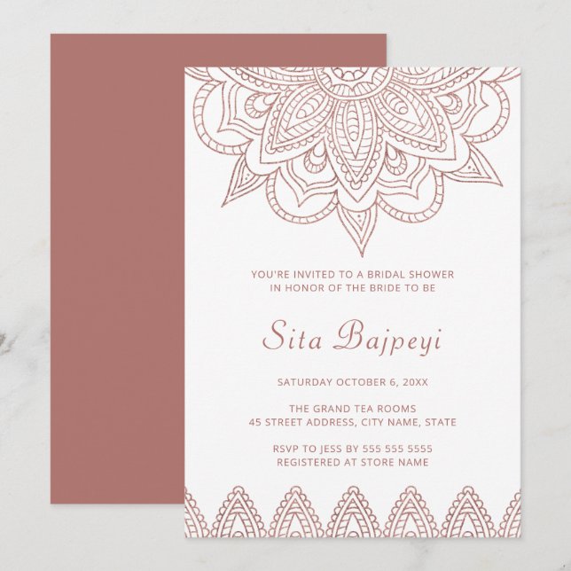 Moderne indische Rose Gold Mehndi Hindu Brautparty Einladung (Vorne/Hinten)