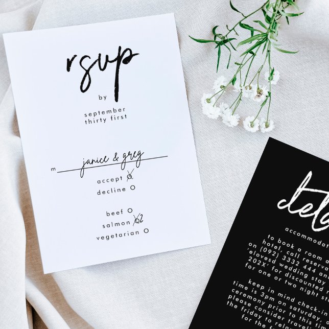Moderne Individuelle Namen Schwarz-weiße Hochzeit RSVP Karte (Von Creator hochgeladen)