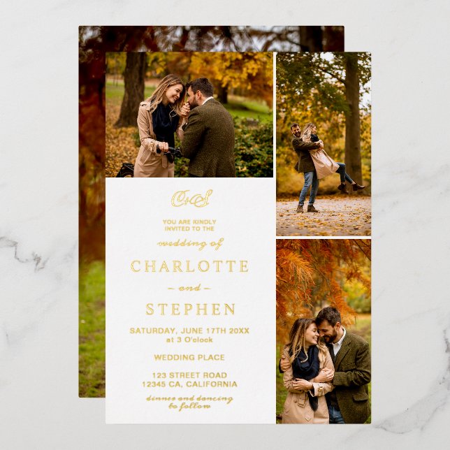Moderne Initialen 4 Fotos Gitter Hochzeit Gold Folieneinladung (Vorderseite/Rückseite)