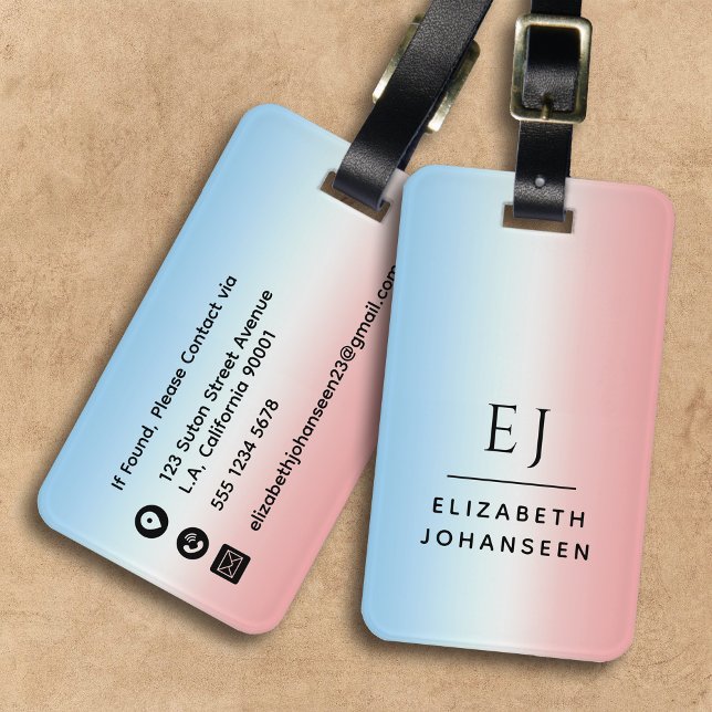 Moderne Initialen Monogram Blue Pink White Gradien Gepäckanhänger (Von Creator hochgeladen)