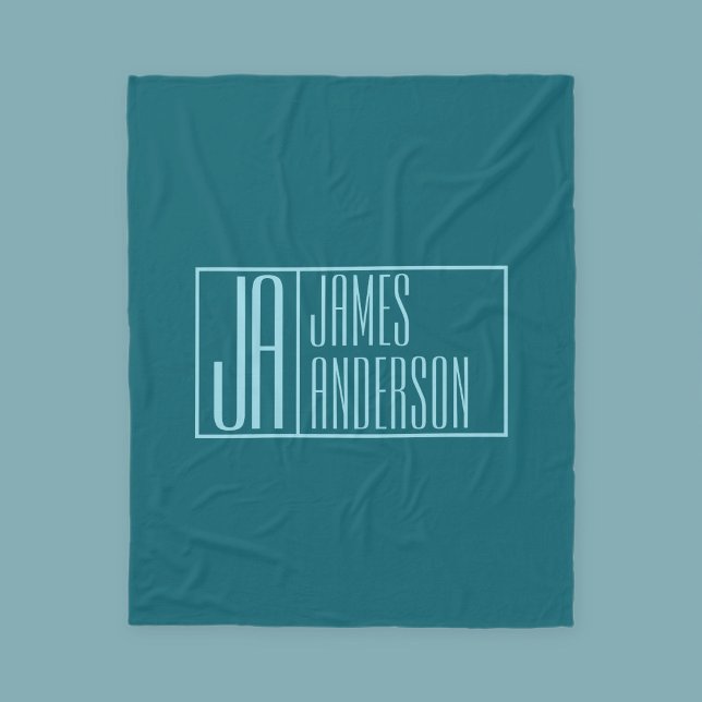 Moderne Initialen & Name | Dunkles Teal & Hellblau Fleecedecke (Von Creator hochgeladen)
