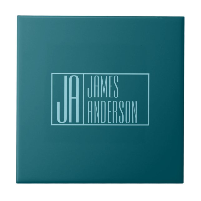 Moderne Initialen & Name | Dunkles Teal & Hellblau Fliese (Vorderseite)