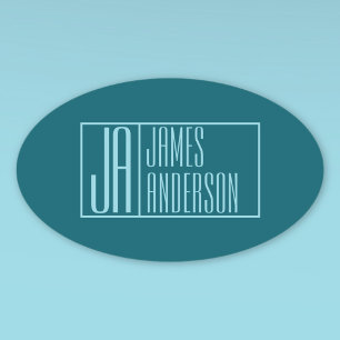 Moderne Initialen & Name Dunkles Teal & Hellblau Ovaler Aufkleber