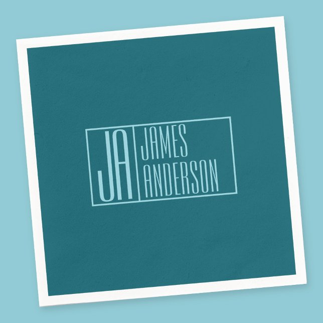 Moderne Initialen & Name | Dunkles Teal & Hellblau Serviette (Von Creator hochgeladen)