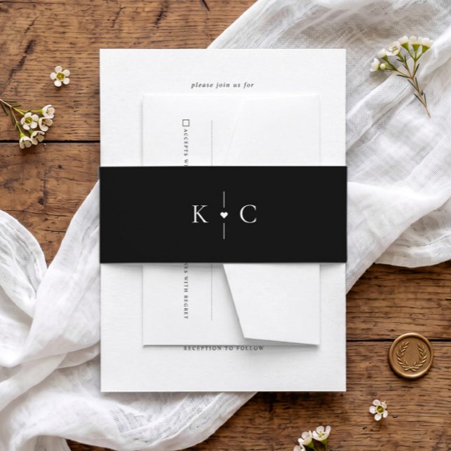 Moderne Initials Monogram Heart Wedding Einladungsbanderole (Elegant black with white text wedding invitation belly band with initials & heart.)