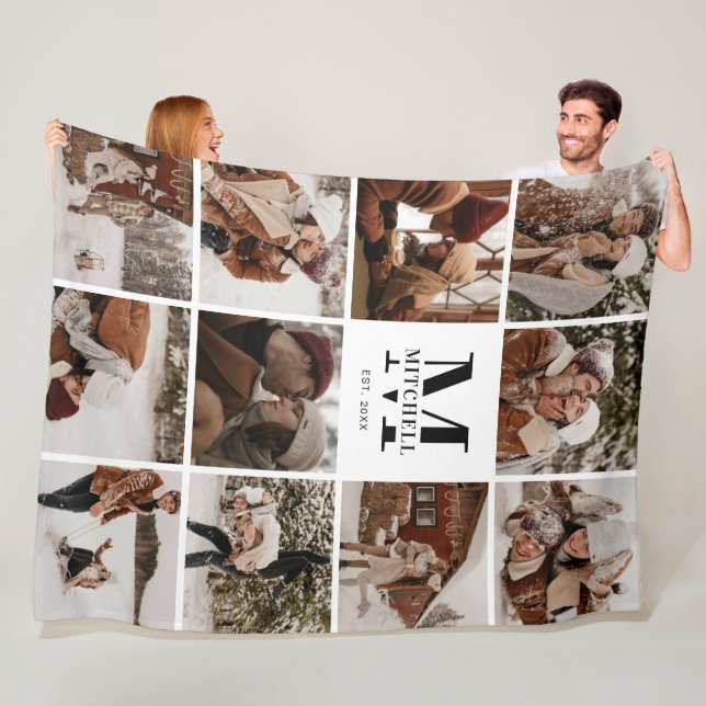 Moderne Instagramm-FotoCollage | Weißes Monogramm Fleecedecke (Beispiel)