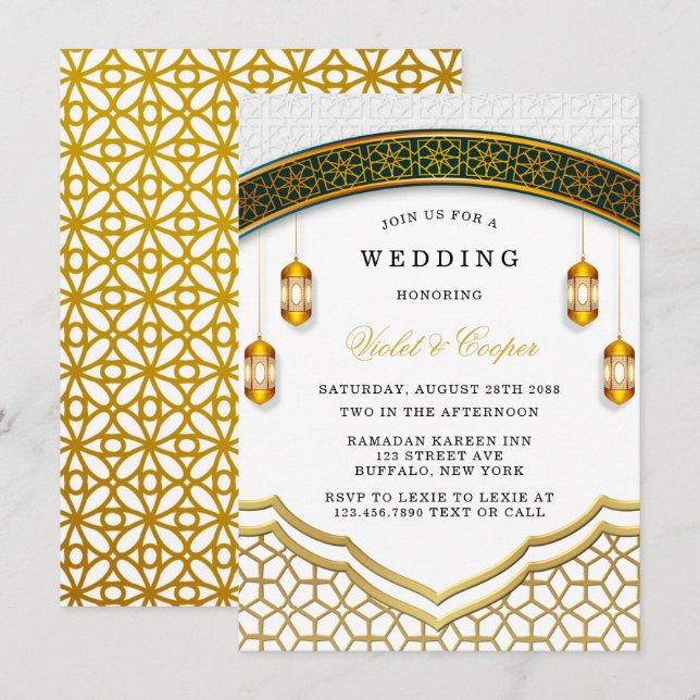 Moderne islamische Hochzeit in Weiß und Gold Einladung (Vorne/Hinten)