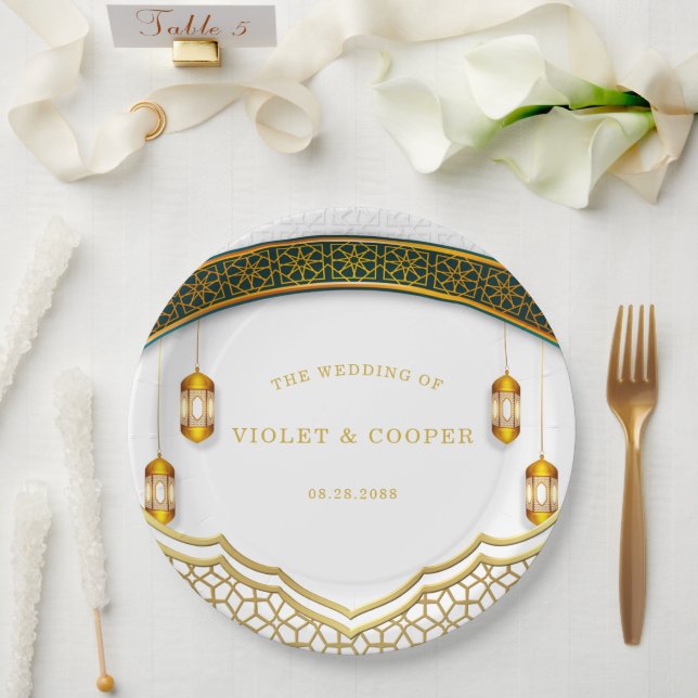 Moderne islamische Hochzeit in Weiß und Gold Pappteller (Hochzeit)