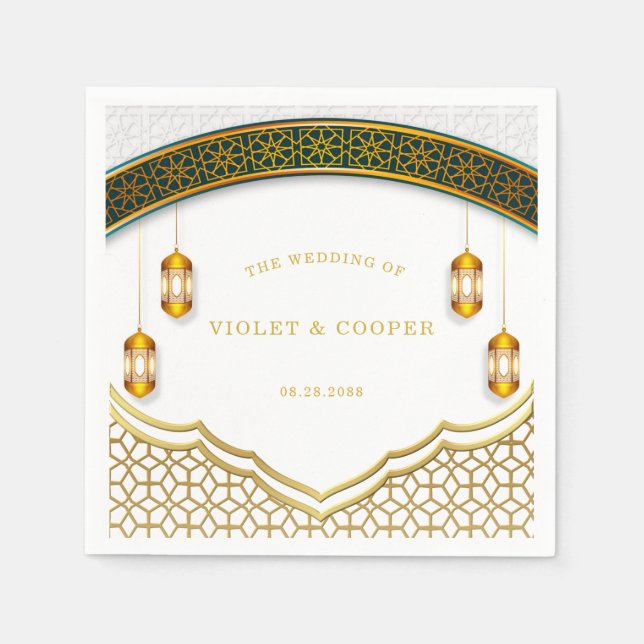 Moderne islamische Hochzeit in Weiß und Gold Serviette (Vorderseite)