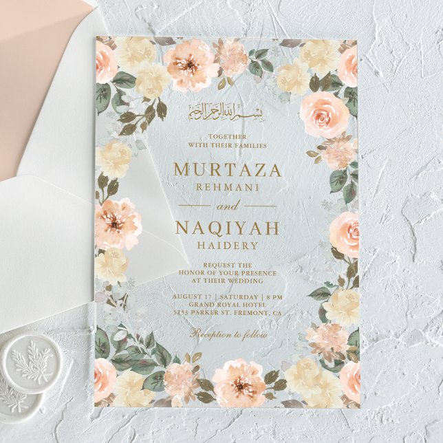 Moderne islamische Hochzeit mit Pfirsichblüten-Mus Acryleinladungen (Von Creator hochgeladen)