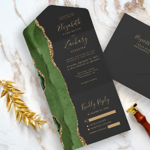 Moderne Jägergrün-Gold-Achat-Dunkle Hochzeit All In One Einladung