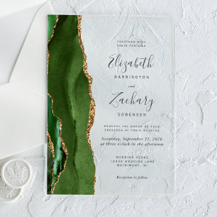 Moderne Jägergrün-Gold-Achat-Hochzeit Acryleinladungen
