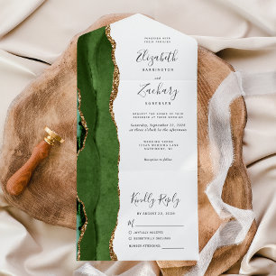 Moderne Jägergrün-Gold-Achat-Hochzeit All In One Einladung