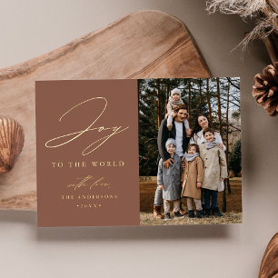 Moderne Joy to the World Mocha Foto Folien Feiertagskarte