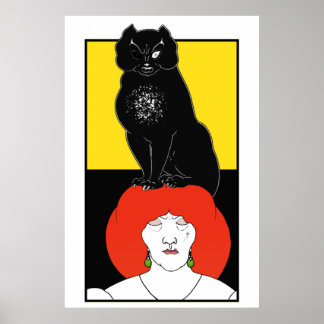 Moderne Jugendstil Beardsley Black Cat Goth Yellow Poster