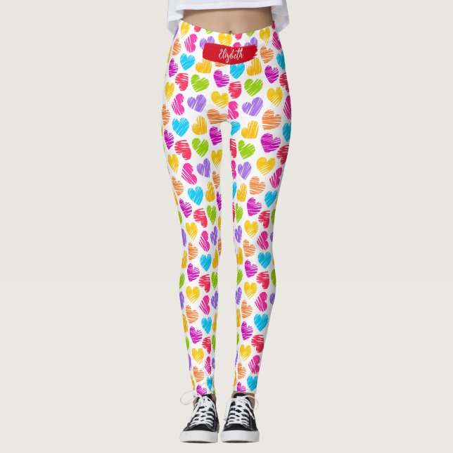 Moderne, junge, lebendige, doodled Herz-Muster Nam Leggings (Vorderseite)