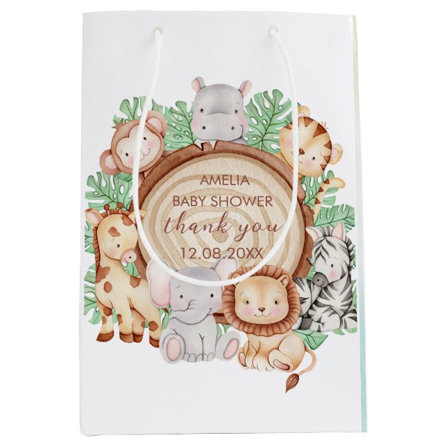Moderne Jungle Animals Grüne Safari Babydusche Mittlere Geschenktüte (Vorderseite)