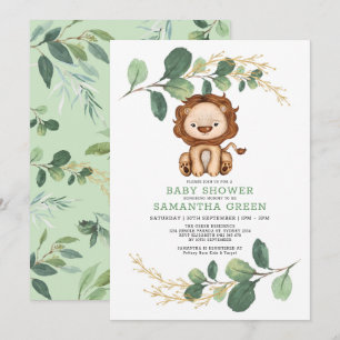 Moderne Jungle Lion Greenery Gold Co-Ed Baby Dusch Einladung