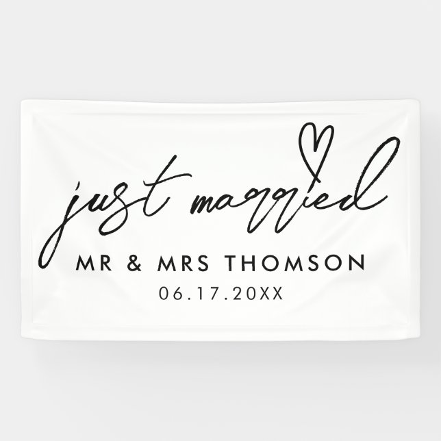 Moderne Just Married Elegante Kalligraphie Hochzei Banner (Horizontal)