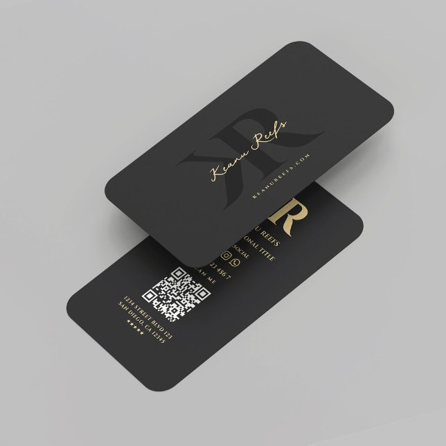 Moderne K R Logo-Initialen Monogram Black Gold Visitenkarte (Modern K R Logo Initials Monogram Name Initials Black Gold Professional Marketing QR Business Card
)