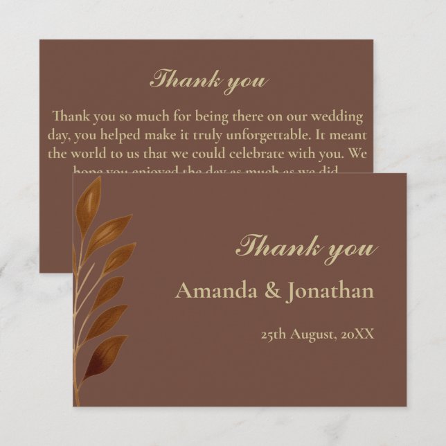 Moderne Kaffee-Braun- und Goldleaf-Hochzeit Dankeskarte (Vorne/Hinten)
