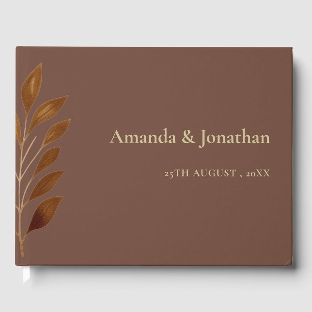 Moderne Kaffee-Braun- und Goldleaf-Hochzeit Gästebuch (Vorderseite)