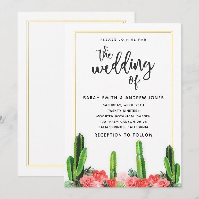 Moderne Kakteen, Sukkulente und Blumenhochzeiten Einladung (Vorne/Hinten)