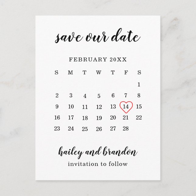 Moderne Kalender Rotes Herz Hochzeit speichern das Ankündigungspostkarte (Vorderseite)