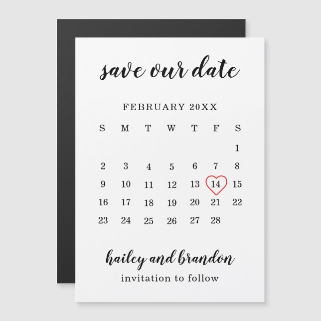 Moderne Kalender Rotes Herz Hochzeit speichern das Magneteinladung (Vorne/Hinten)
