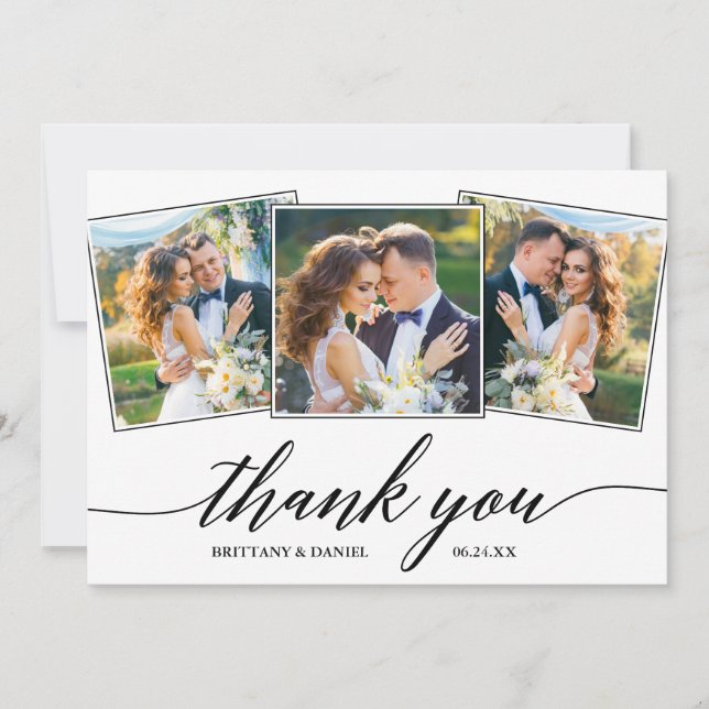 Moderne Kalligrafie 3 Foto Wedding Dankeskarte (Vorderseite)