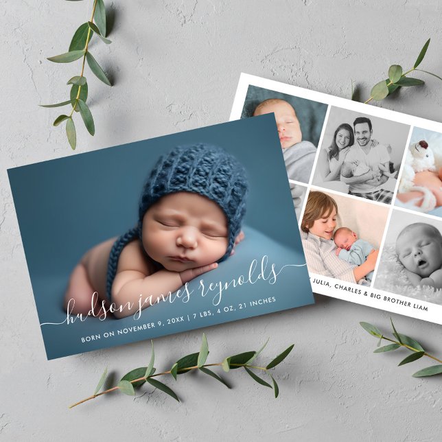 Moderne Kalligrafie Baby Boy Foto Collage Geburt Ankündigung (Von Creator hochgeladen)