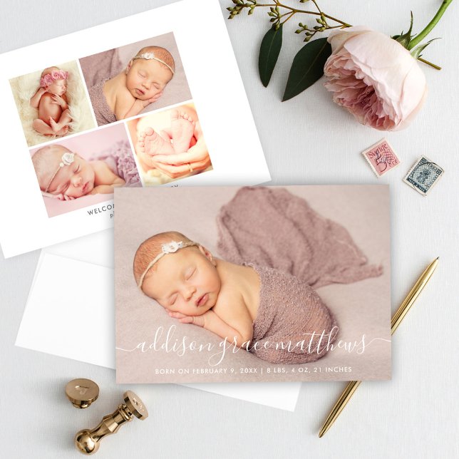 Moderne Kalligrafie Baby Girl Foto Collage Geburt Ankündigung (Von Creator hochgeladen)