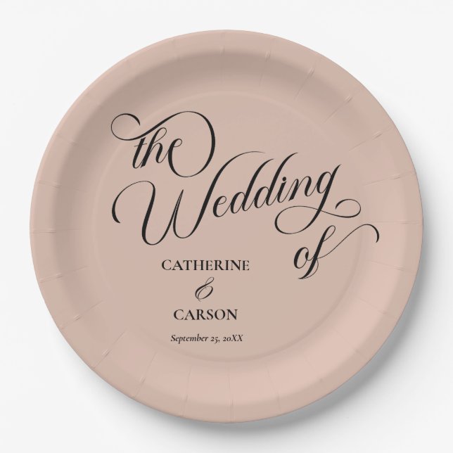 Moderne Kalligrafie-Beige-Hochzeit Pappteller (Vorderseite)