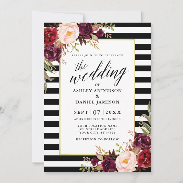 Moderne Kalligrafie Burgund Floral Striped Wedding Einladung (Vorderseite)