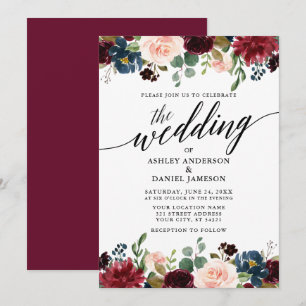 Moderne Kalligrafie Burgundy Blue Floral Wedding Einladung