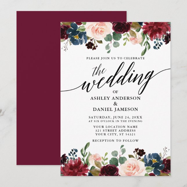 Moderne Kalligrafie Burgundy Blue Floral Wedding Einladung (Vorne/Hinten)