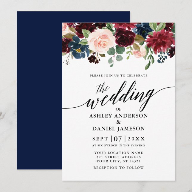 Moderne Kalligrafie Burgundy Floral Blue Wedding Einladung (Vorne/Hinten)