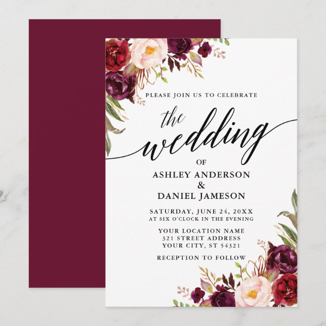 Moderne Kalligrafie Burgundy Floral Wedding Einladung (Vorne/Hinten)