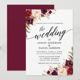 Moderne Kalligrafie Burgundy Floral Wedding Einladung