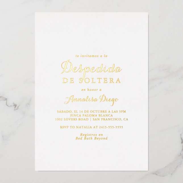 Moderne Kalligrafie Despedida de Soltera Gold Folieneinladung (Vorderseite)