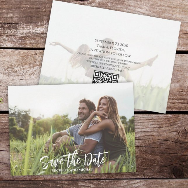 Moderne Kalligrafie Einfaches Foto Trendiger QR-Co Save The Date (Von Creator hochgeladen)