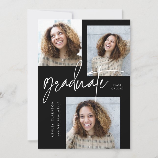 Moderne Kalligrafie-Fünf-Foto-Graduierungspartei Einladung (Vorderseite)