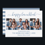 Moderne Kalligrafie Hanukkah 3 Foto Blau Streifen Feiertagskarte<br><div class="desc">Modern Trendy Calligraphy Script 3 Foto Family Foto Collage Happy Hanukkah Card - Dusty Blue und White Strips Back</div>