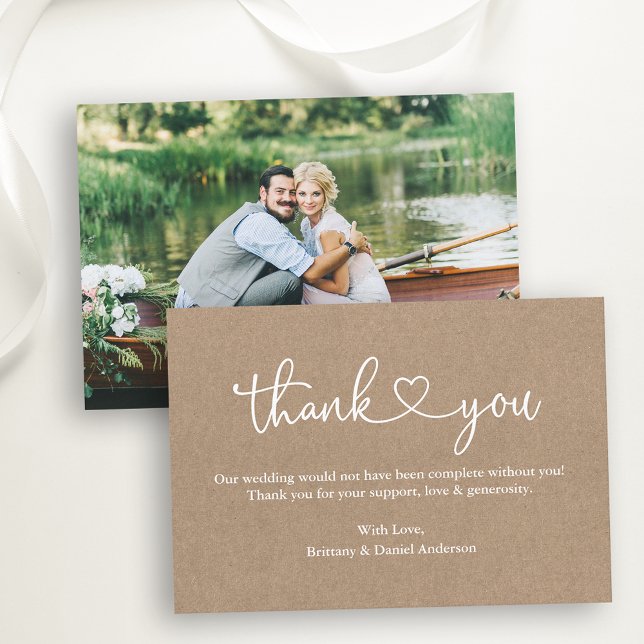 Moderne Kalligrafie Herz Foto Kraft Hochzeitstil Dankeskarte (Customize to change your personalized text size or text style.)