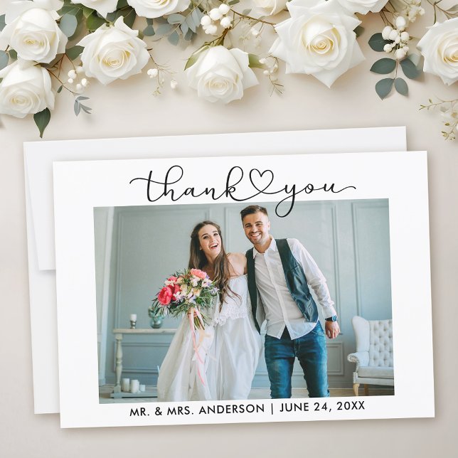 Moderne Kalligrafie Herzklopfen Foto Hochzeit Dankeskarte (Customize to add text to back of card.)