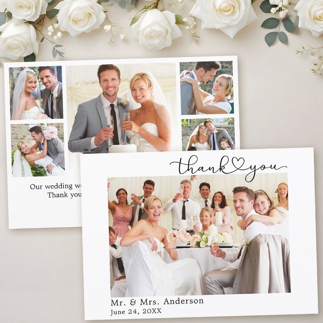 Moderne Kalligrafie Herzschrift 6 Fotos Hochzeit Dankeskarte (Customize to change your personalized text size or text style.)