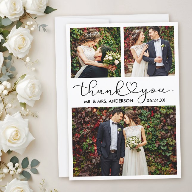 Moderne Kalligrafie Herzschrift Hochzeit 3 Foto Dankeskarte (Customize to add text to back of card.)