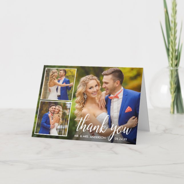 Moderne Kalligrafie Hochzeit 3 Foto Collage Fold Dankeskarte (Vorderseite)