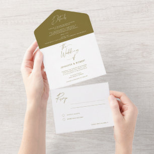 Moderne Kalligrafie-Hochzeit in Olivgrün All In One Einladung