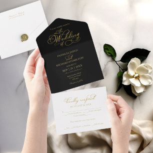 Moderne Kalligrafie Hochzeit von Schwarz und Gold All In One Einladung